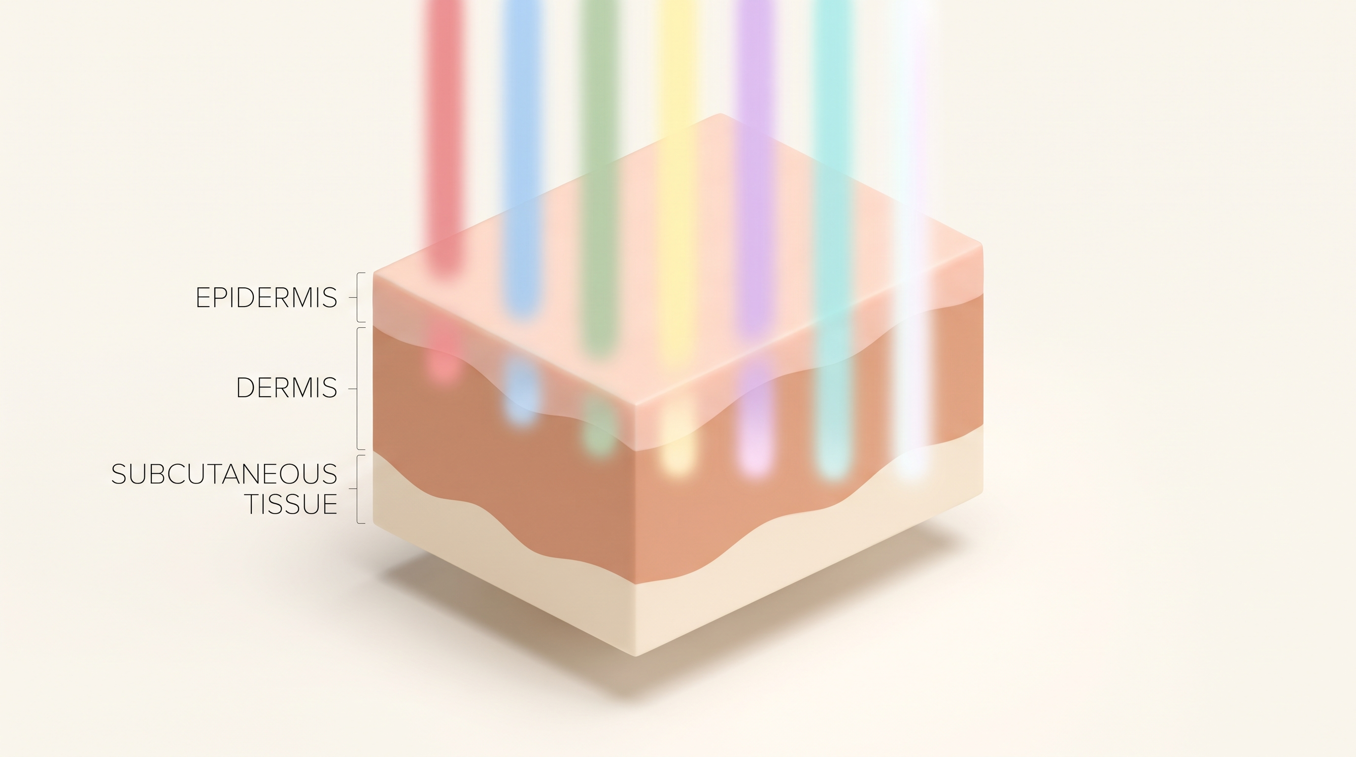 Diagram showing seven colors of LED light therapy penetrating the skin layers